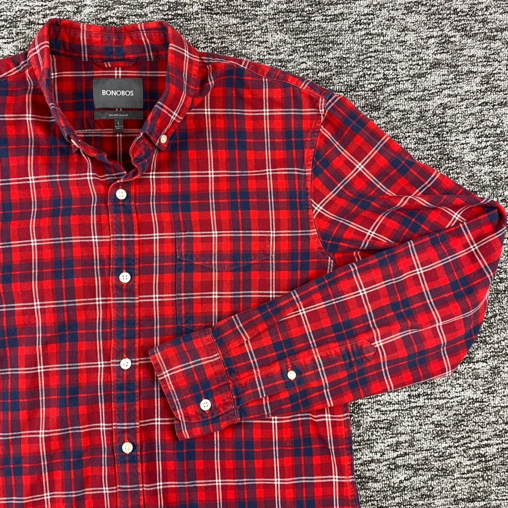 Bonobos Shirt Mens Large Red Navy Plaid Tailored Slim Fit Cotton Button Down